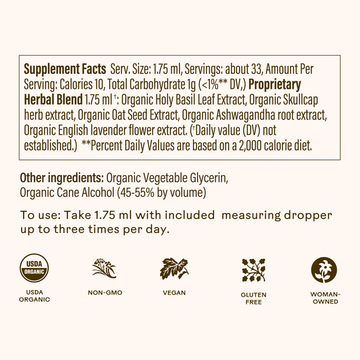 Tranquility Tonic by Wooden Spoon Herbs: Supplement facts label for a calming herbal tincture with holy basil, skullcap, oat seed, ashwagandha, and lavender. Organic, non-GMO, vegan, gluten-free, and woman-owned.