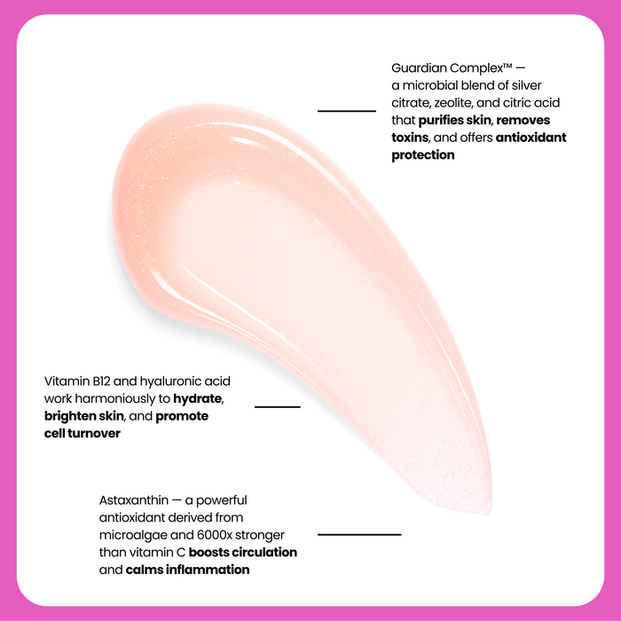 Shielded Beautys Triple Threat Treatment: a pink gel with Guardian Complex for purification, Vitamin B12 and hyaluronic acid for hydration, plus astaxanthin to calm—ideal as a hydrating, sustainable skincare primer.