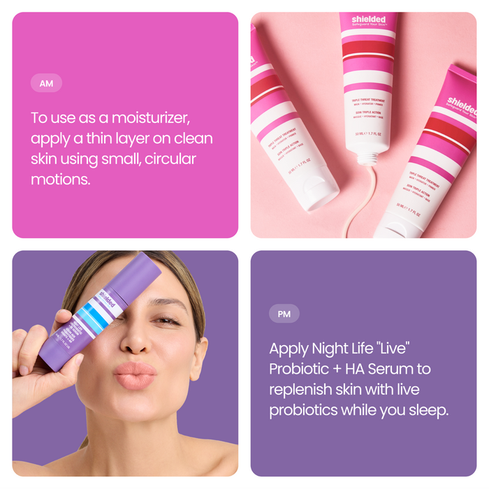 A skincare collage: Top left—moisturizer tips; top right—three Shielded Beauty Triple Threat Treatment tubes; bottom left—a woman with a purple serum bottle; bottom right—PM serum and hydrating primer application steps.