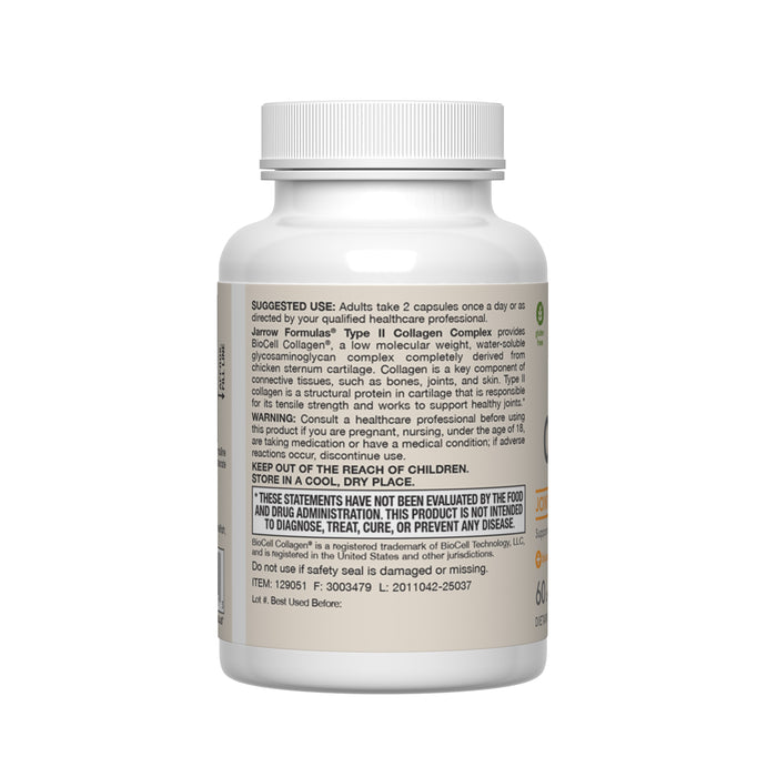 Jarrow Type II Collagen Complex 1000mg Capsules in a white plastic bottle with white cap; back label shows suggested use, warnings, storage, and disclaimer. Contains BioCell Collagen to support and help maintain healthy joints.
