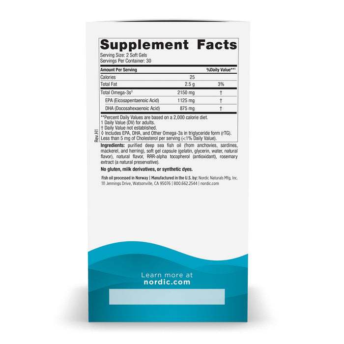 The supplement facts label for Nordic Naturals Ultimate Omega 2X soft gels provides serving size, calorie count, total omega-3 content, and EPA/DHA levels. It emphasizes no artificial additives and includes contact information along with a website URL at the bottom.