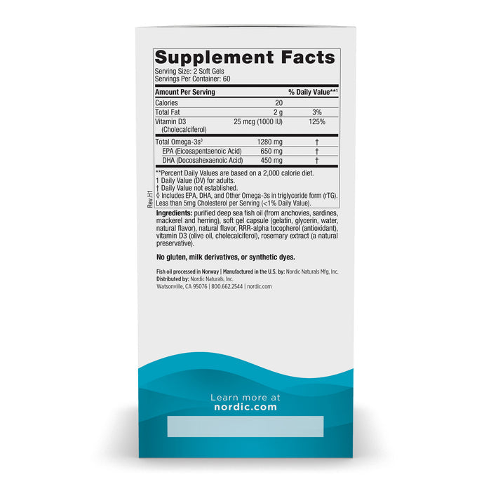 The image shows the Ultimate Omega-D3 supplement facts label from Nordic Naturals, detailing ingredients like vitamin D3 and omega-3 EPA+DHA with their amounts. The bottom features a blue wave design and the website URL: nordic.com.