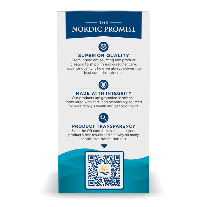 An infographic titled The Nordic Promise showcases commitments to Superior Quality, Integrity, and Transparency. Featuring a QR code for more details on Nordic Naturals Ultimate Omega-D3 supplement, it rests against a blue wave background.