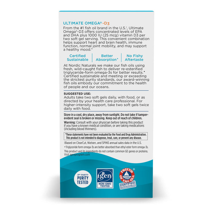 The image shows the back of a Nordic Naturals Ultimate Omega-D3 bottle, highlighting omega-3 EPA+DHA content and vitamin D₃ benefits. The labels confirm its non-GMO, purity tested, and certified for sustainability and quality.