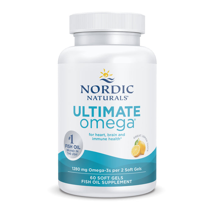 Nordic Naturals Ultimate Omega supplement features a white bottle with a lemon graphic, offering heart, brain, and immune support. Each bottle contains 60 soft gels, delivering 1280 mg of omega-3s per two soft gels.