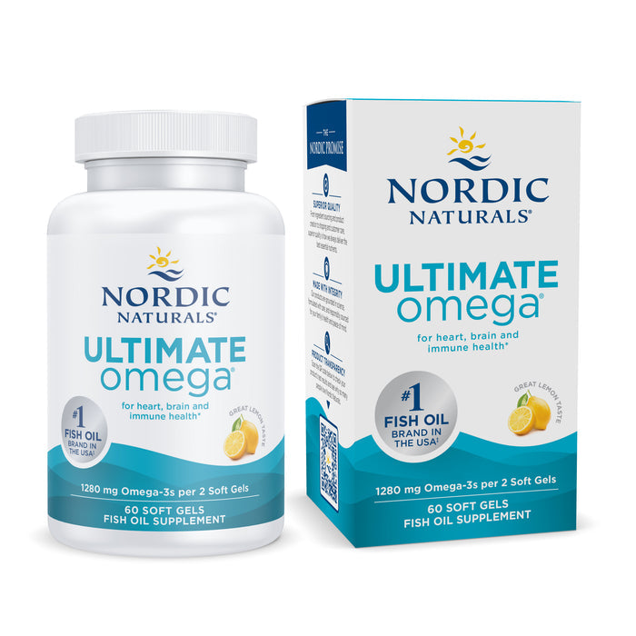 Nordic Naturals Ultimate Omega offers heart support with 1280 mg of omega-3 per soft gel, promoting brain and immune health. The product boasts a Great Lemon Taste and is branded as #1 Fish Oil.