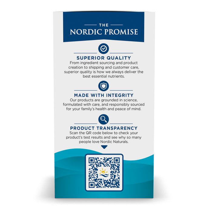 The Ultimate Omega label from Nordic Naturals promises Superior Quality, Made with Integrity, and Product Transparency. It includes a QR code for more info set against stylized blue waves and is enriched with omega-3 for heart support.