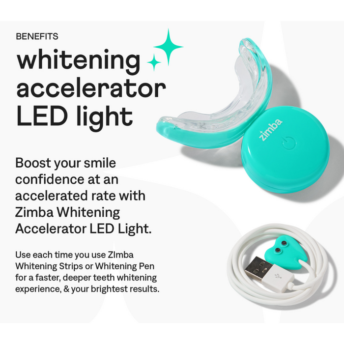 The Zimba Ultimate Whitening Kit is shown, including an LED whitening mouthpiece, a round teal Zimba control unit, and a USB charging cable. Text highlights how it boosts confidence in your smile.