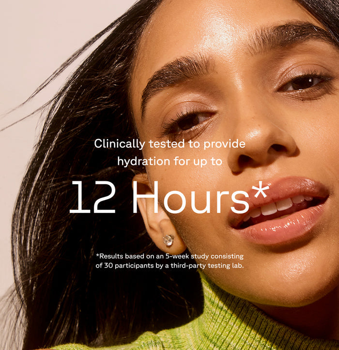 Close-up of a woman with radiant skin and straight dark hair wearing a green ribbed top. Text overlay: “Acure Ultra Hydrating 12 Hour Facial Moisturizer offers clinically tested hydration and skin antioxidants for up to 12 hours.”.