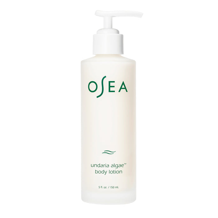 A minimal white 5 fl oz (150 ml) pump bottle labeled "OSEA" in green text, featuring a wave icon, contains OSEA Undaria Algae™ Body Lotion for lasting hydration and firmer skin.