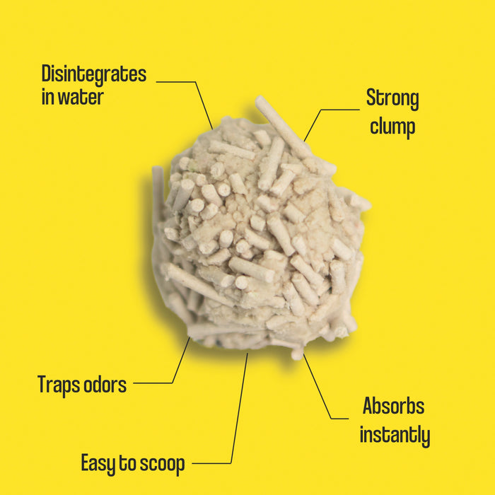 Dofu Cat Upcycled Tofu Cat Litter forms beige, pellet-like clumps on a yellow background using natural, upcycled ingredients. It absorbs instantly, forms strong clumps, traps odors, disintegrates in water, is easy to scoop, and 1 bag lasts up to 4 weeks.