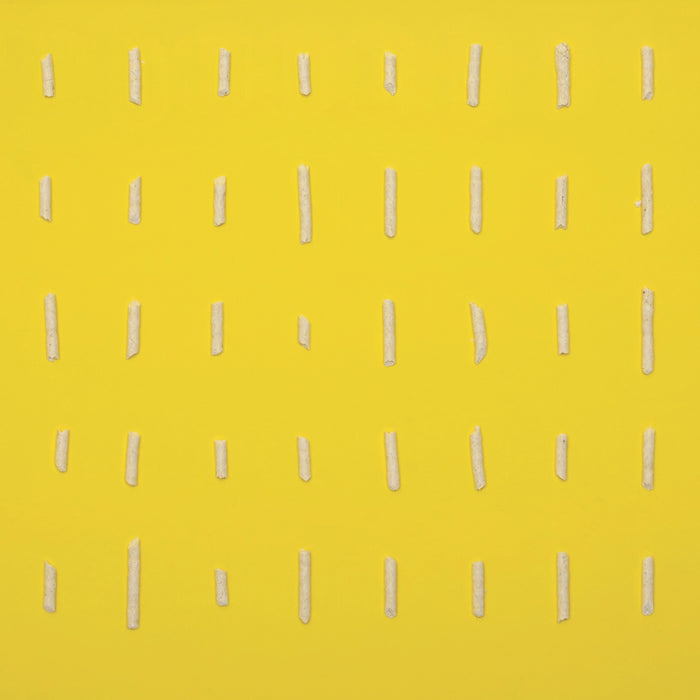 Dofu Cat’s Upcycled Tofu Cat Litter is arranged in a neat grid on a bright yellow background, highlighting the eco-friendly brand. One bag lasts up to 4 weeks.