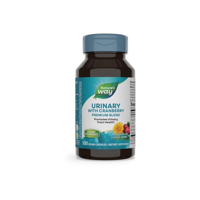 Nature’s Way Urinary features pure botanicals in 100 vegan capsules with a blue cap and label, formulated to support urinary tract health.