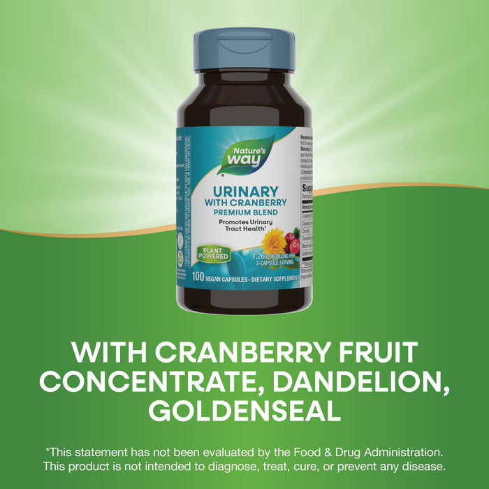 A bottle of Natures Way Urinary is shown on a green background. The label highlights cranberry, dandelion, and goldenseal for urinary tract health support. Text notes the FDA disclaimer.