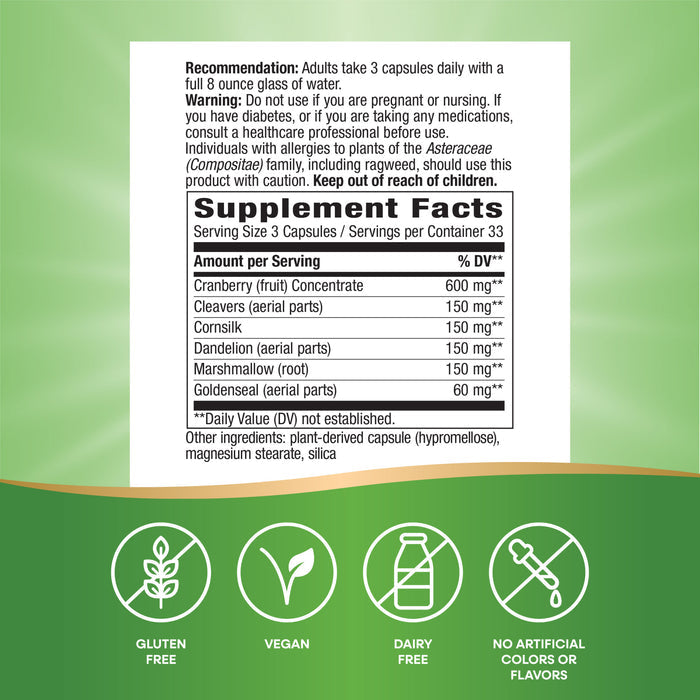 Nature’s Way Urinary herbal capsules feature pure cranberry, cleavers, dandelion & goldenseal to support urinary tract health. Gluten-free, vegan, dairy-free; no artificial colors or flavors. Green background with icons.