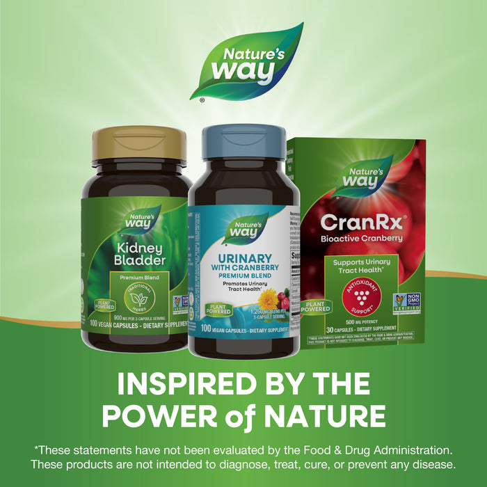 Natures Way Urinary supplement is shown on a green background, emphasizing urinary tract health support with pure botanicals and the slogan “Inspired by the Power of Nature.”.
