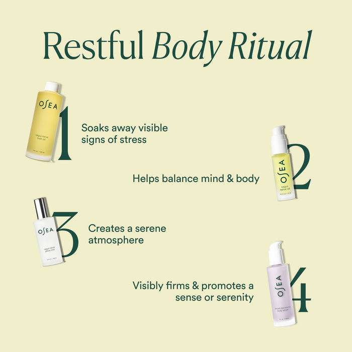 Graphic titled Restful Body Ritual featuring OSEA's Vagus Nerve Bath Oil, which uses essential oils to soothe stress, balance mind and body, promote serenity, and firm skin—helping calm the vagus nerve.