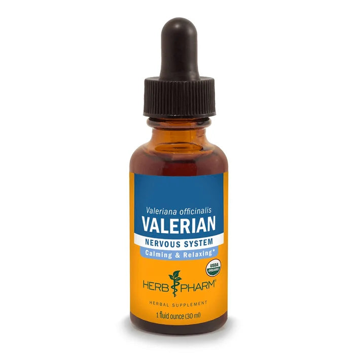 A 1 fl oz (30 ml) brown glass dropper bottle labeled Herb Pharm Valerian, an herbal supplement for calming and relaxing the nervous system.