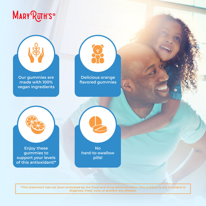 A smiling man lifts a girl onto his shoulders. Text promotes MaryRuths Vitamin C Gummies, Orange, 60 ct—vegan, for antioxidant support and collagen synthesis, no hard-to-swallow pills. FDA disclaimer shown. MaryRuth’s logo appears top left.