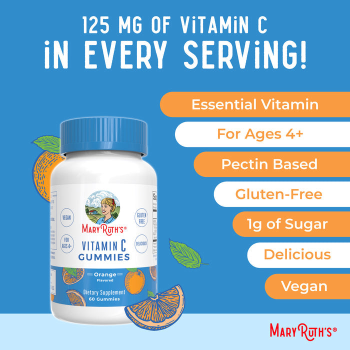 MaryRuths Vitamin C Gummies, Orange, 60 ct, are shown with orange slices and leaves. Each serving provides 125 mg Vitamin C. Pectin-based, vegan, gluten-free gummies for ages 4+ support collagen synthesis and have just 1g sugar per serving.