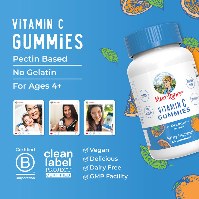 A promo image for MaryRuths Vitamin C Gummies, Orange, 60 ct shows a white bottle with blue cap, highlights benefits like antioxidant support, displays certification icons and citrus art, plus four photos of smiling users holding the supplement.