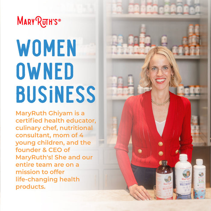 A smiling woman in a red sweater stands in a bright store with shelves of health products. Text highlights Women Owned Business and features MaryRuth Ghiyam, founder and CEO of MaryRuths, known for Vitamin C Gummies, Orange, 60 ct.