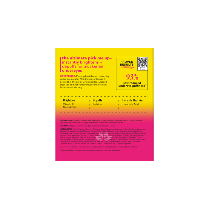 A yellow and pink product label for Derma E Vitamin C Hydro Gel Patches, designed to target dark circles and undereye puffiness, featuring directions, ingredients, and claims like 93% saw reduced undereye puffiness. Brightening: Niacinamide. Instantly hydrates: Hyaluronic Acid.
