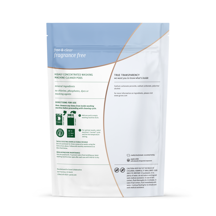 The back of a white grab green Washing Machine Cleaner Pods - Fragrance Free pouch displays usage directions, bio-based ingredients, and other product info in green and blue text.