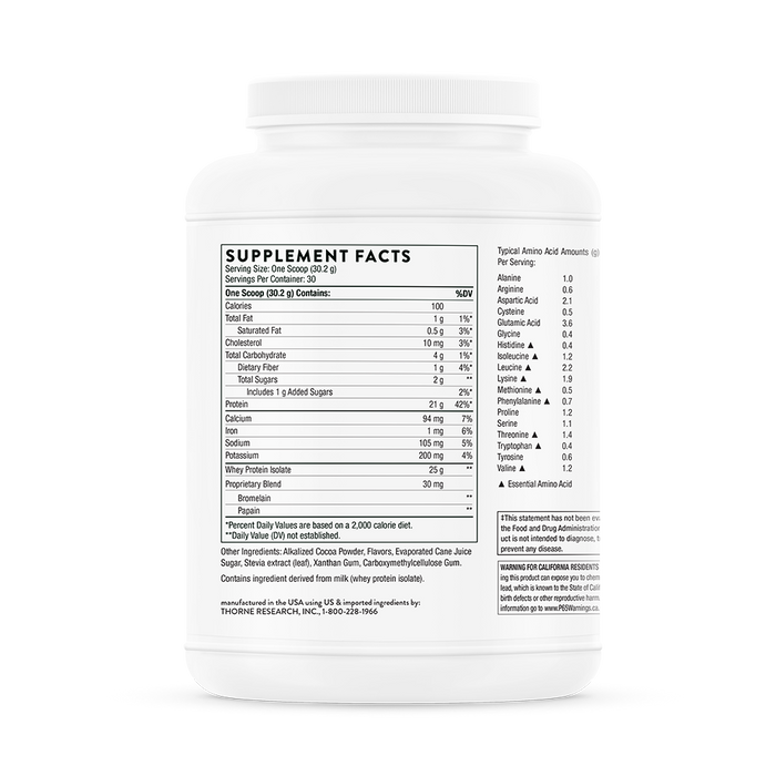 A plain white container of Thornes Whey Protein Isolate showcases clear nutrition facts like serving size, calories, proteins, carbohydrates, vitamins, and minerals per serving. Its ideal for those focused on muscle repair, with no additional branding visible.