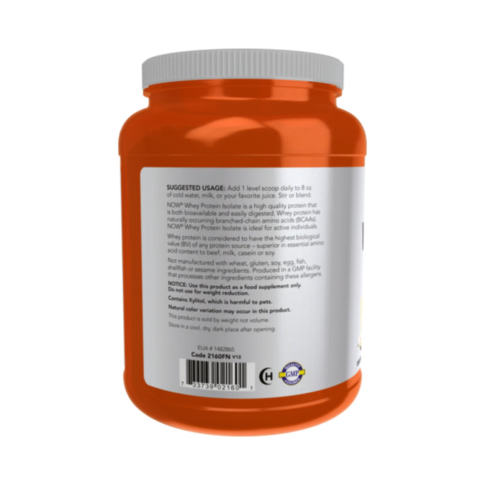 A NOW Foods Whey Protein Isolate Vanilla container, with an orange lid, is shown from the back displaying a white label with usage instructions, ingredients including whey protein isolate, and certification logos.