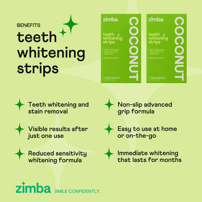 Green graphic featuring Zimba Whitening Strips packaging and a list of benefits: whiter teeth, reduced sensitivity, quick results, non-slip grip, and long-lasting whitening. Zimba logo appears at the bottom.