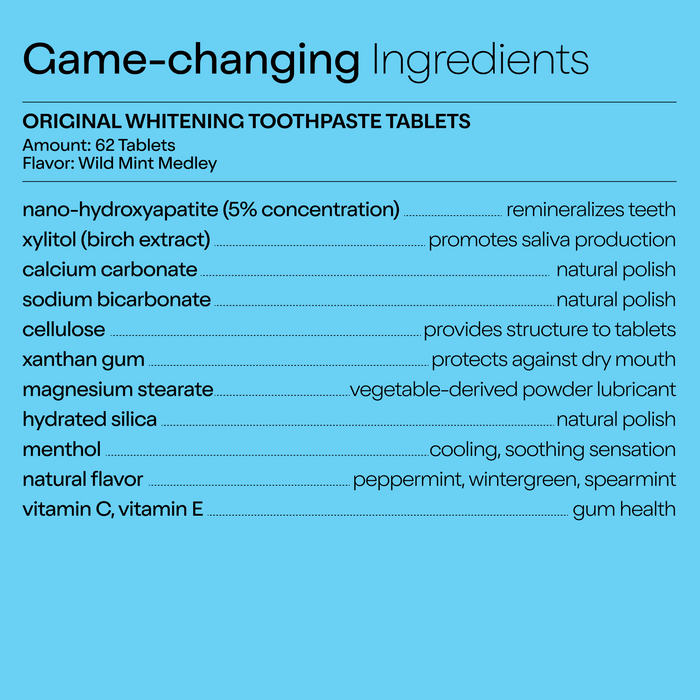 A vibrant blue backdrop highlights the ingredients of duo Toothpastes Whitening Toothpaste Tablets, featuring nano-hydroxyapatite, xylitol, calcium carbonate, sodium bicarbonate, cellulose, xanthan gum, magnesium stearate, hydrated silica, menthol, natural flavors with vitamins for oral health.