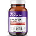 A brown Wholemega™ Fish Oil bottle by New Chapter showcases a purple and white label, highlighting its Sustained Source from Wild Alaskan Salmon. It supports heart, brain, eye, joint, and skin health with Omega-3s DHA & EPA. The supplement includes 30 counts and certification logos.