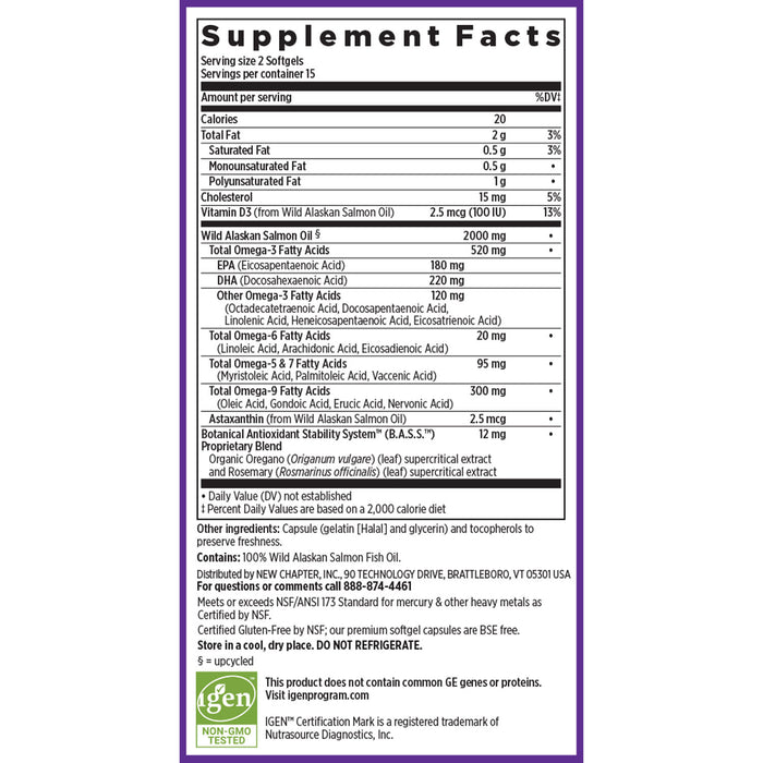 Wholemega™ Fish Oil by New Chapter features a supplement facts label detailing serving size, calories, total fat, cholesterol, and Vitamin D3. It highlights Wild Alaskan Salmon oil with Omega-3 (EPA, DHA, ALA, DPA) details and includes NSF and Non-GMO verified logos.
