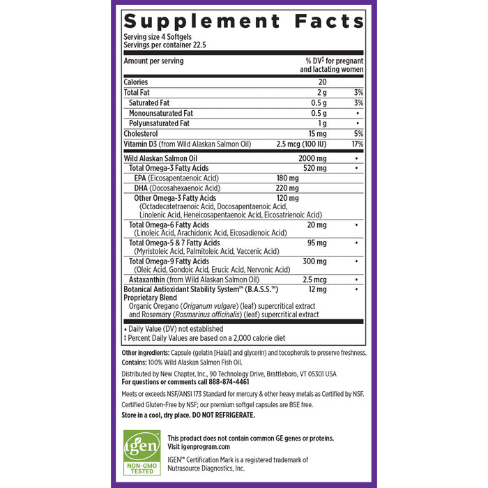 The supplement facts label for New Chapters Wholemega for Moms details nutritional info like calories, fat content, specific Omega fatty acids, and ingredients such as rosemary and astaxanthin. Its certified non-GMO, NSF safety compliant, and suitable for prenatal DHA needs.