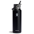 A sleek 40 oz Hydro Flask Wide Mouth Bottle with a Flex Straw Cap, showcasing the iconic logo, stands out against a white background.