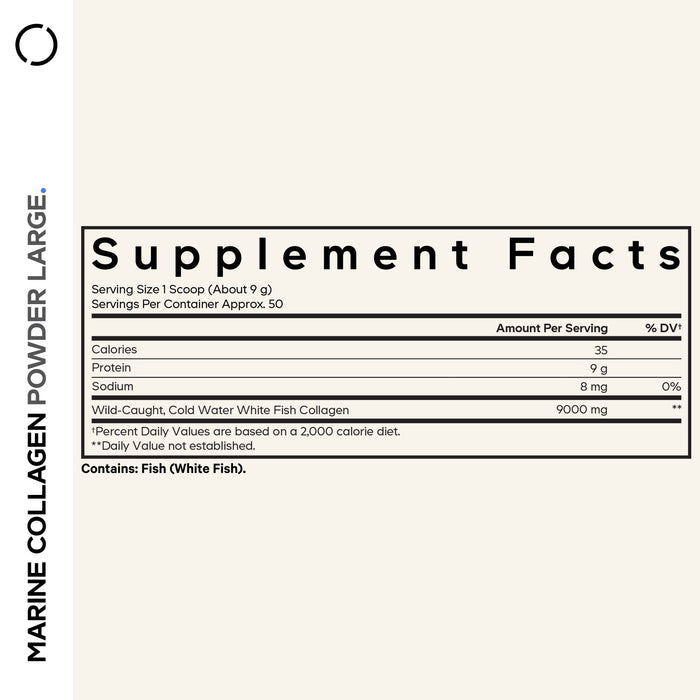 Supplement Facts label for Codeage Wild Caught Marine Collagen Powder. Includes serving size, calories, protein, sodium, and 9000 mg of wild-caught marine collagen per serving. Side text: MARINE COLLAGEN POWDER LARGE.