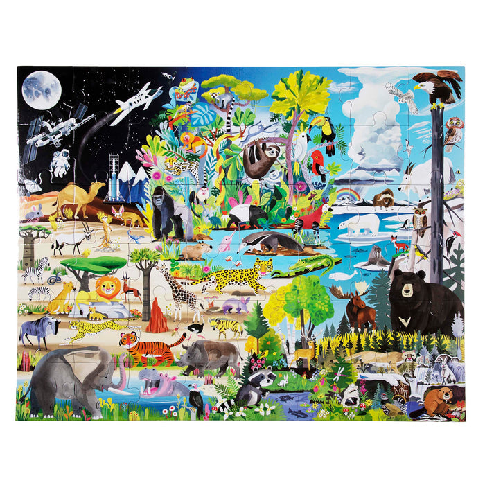 The eeBoo Piece & Love Within the Biomes 48 Piece Giant Puzzle is a vibrant, educational jigsaw featuring jungle, savanna, forest, Arctic, and space creatures—perfect for kids to explore animal habitats in a colorful collage.