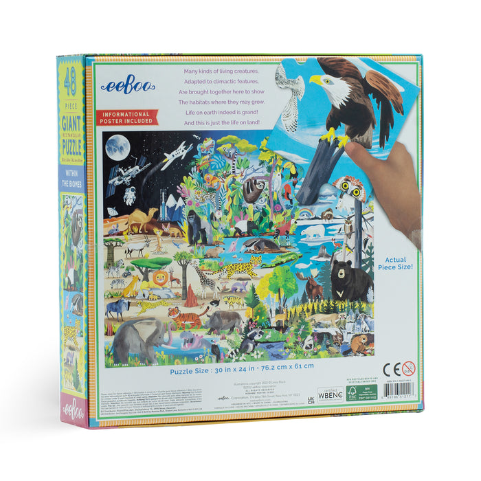 The back of the eeBoo Piece & Love Within the Biomes 48 Piece Giant Puzzle box displays land animals and natural habitats like forests, mountains, and rivers, along with facts about each biome and details about the puzzle.