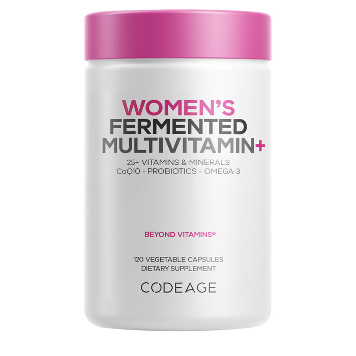 A white bottle with a pink lid labeled Codeage Women's Fermented Multivitamin+ Capsules contains 120 vegetable capsules and serves as a comprehensive women’s daily multivitamin with essential vitamins and minerals, CoQ10, probiotics, and omega-3.