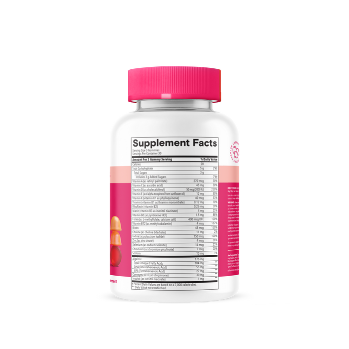 A white Smarty Pants Womens Plus Multi & Omegas 90count bottle with a pink cap displays a Supplement Facts label listing vitamins, nutrients, and omega-3 gummies. The side shows part of the colorful gummies inside.