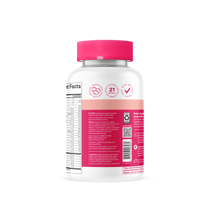 Smarty Pants Womens Plus Multi & Omegas 90count is a vegan, gelatin-free supplement in a white bottle with pink cap and label, providing 21 essential nutrients to support hair, skin, and nails, plus nutrition facts and ingredients listed.