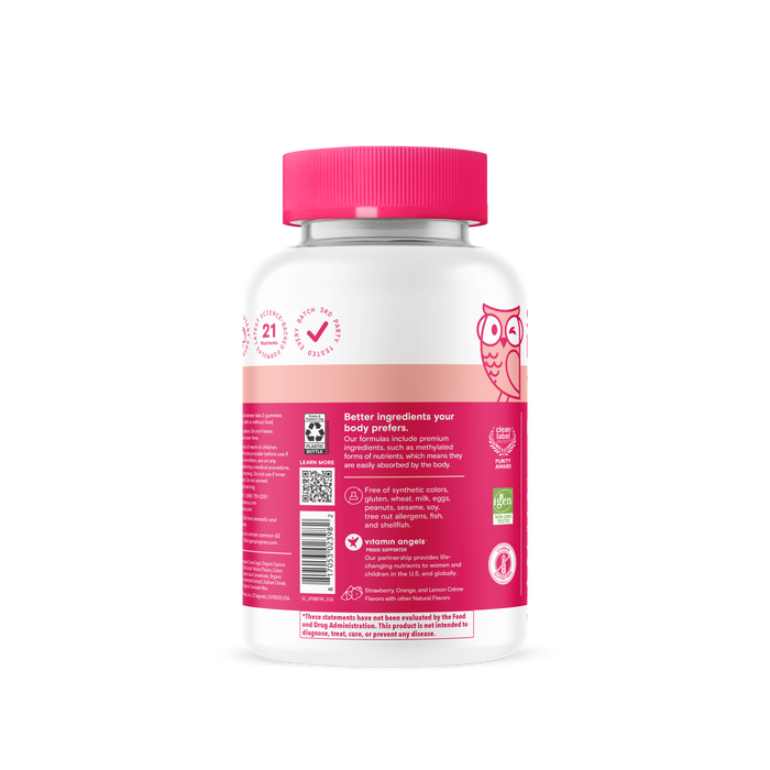 A white Smarty Pants Women’s Plus Multi & Omegas 90count bottle with a pink cap and owl illustration features a label highlighting women’s multivitamin and omega-3 benefits, certifications, QR code, and ingredients in pink-and-white text.