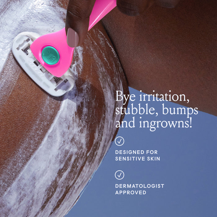 A close-up of a person shaving a leg using a pink razor with shaving cream. Text beside the image reads, "Bye irritation, stubble, bumps and ingrowns! Designed for sensitive skin. Dermatologist approved.