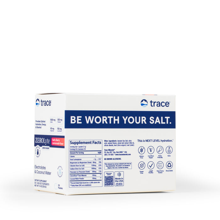 A white box of Trace Minerals ZeroLyte sodium and electrolyte drink with coconut water powder features bold blue “BE WORTH YOUR SALT.” text and supplement facts—ideal for hydration and muscle function support.