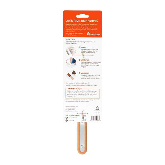 The packaging for the Full Circle Zester includes care instructions, tips for grating hard cheeses, and eco-friendly details. It prominently features Lets love our home, along with the brand logo and a sustainability symbol.